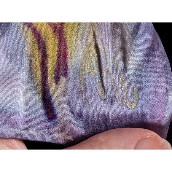 Abstract Floral Hand Painted Signed Purple Silk Art Scarf - Picture 4 of 7